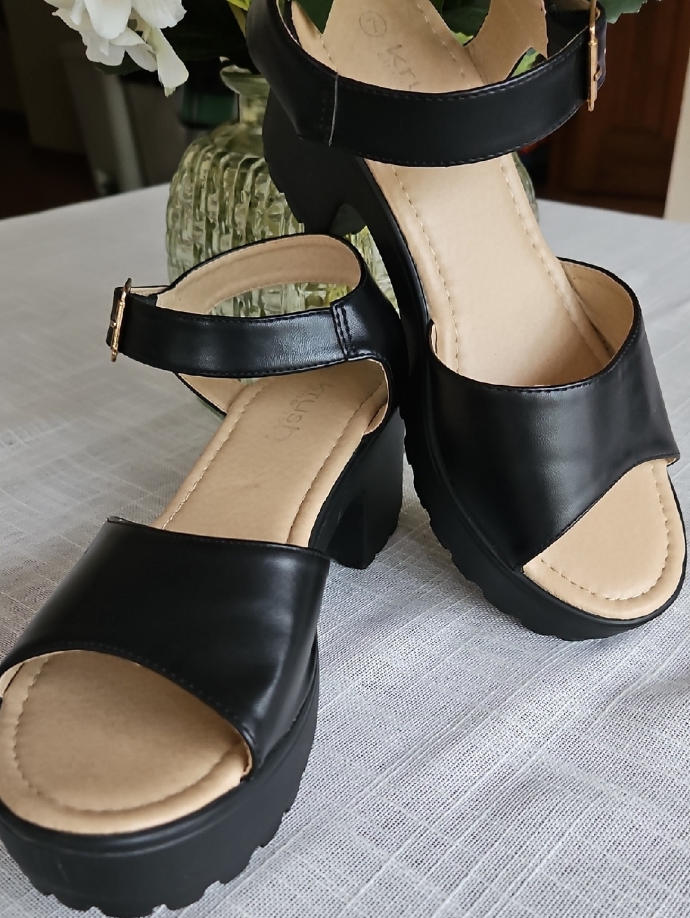 Krush Black Faux Leather Platform Block Heel Sandals - Women's